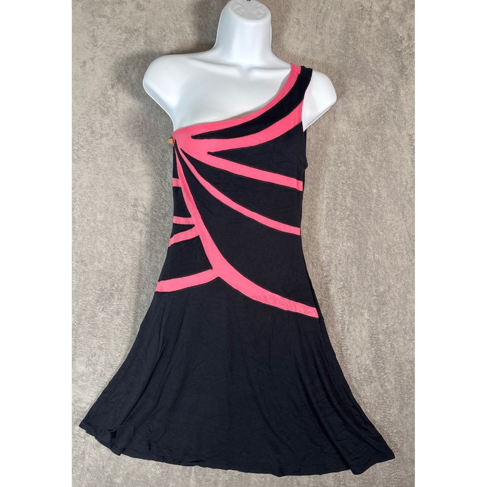 Vtg Bebe Sport Womens One Shoulder Mini‎ Dress Black Pink Starburst Size M Y2K